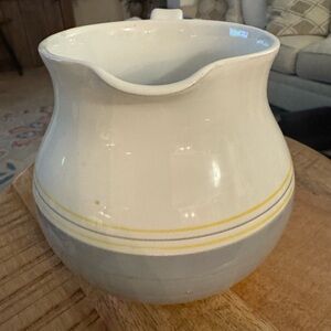 Vintage White and Gray Ceramic Pitcher with Yellow Stripe